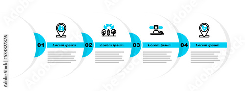 Set line Chicken farm and location, Automatic irrigation sprinklers, Smart with drone and Tractor icon. Vector