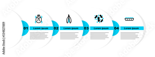 Set line Chicken egg in box, Bacteria, Kidney beans and Parasite mite icon. Vector