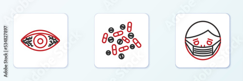 Set line Face in protective mask, Reddish eye allergic conjunctivitis and Medicine pill or tablet icon. Vector