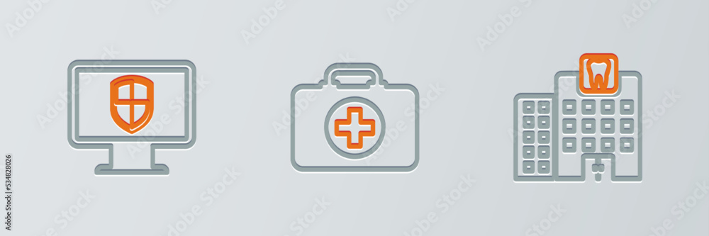 Set line Dental clinic, Monitor and shield and First aid kit icon. Vector Set line Dental clinic, Monitor and shield and First aid kit icon. Vector