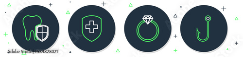 Set line Medical shield with cross, Diamond engagement ring, Dental protection and Fishing hook icon. Vector