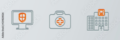 Set line Dental clinic, Monitor and shield and First aid kit icon. Vector