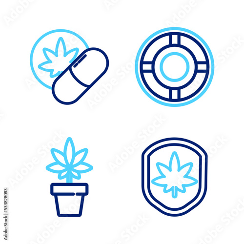 Set line Shield and marijuana leaf, Marijuana or cannabis plant, Ashtray and Herbal ecstasy tablets icon. Vector