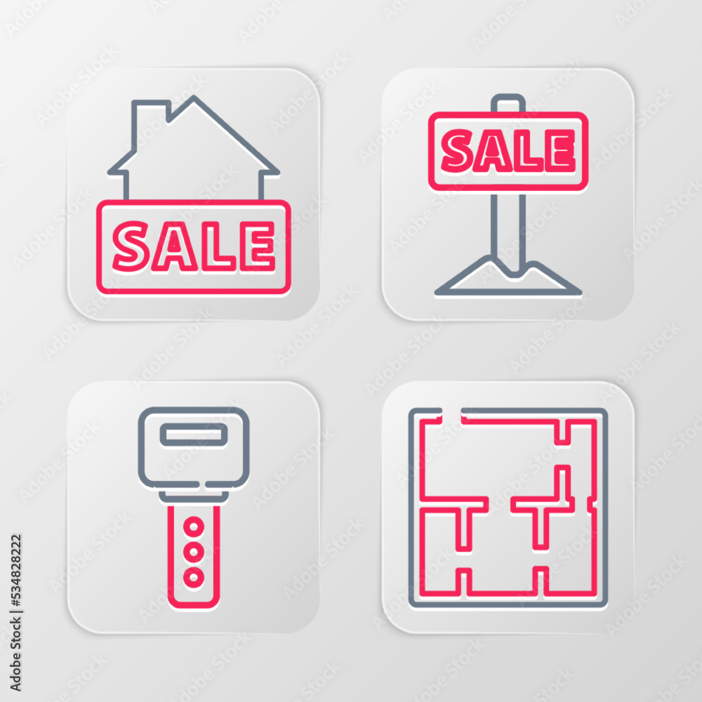 Set line House plan, key, Hanging sign with Sale and icon. Vector Set line House plan, key, Hanging sign with Sale and icon. Vector