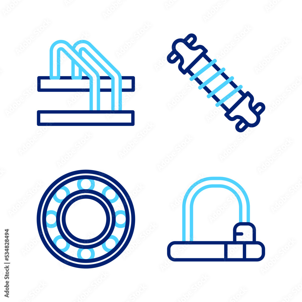 Set line Bicycle lock, ball bearing, suspension and parking icon. Vector Set line Bicycle lock, ball bearing, suspension and parking icon. Vector