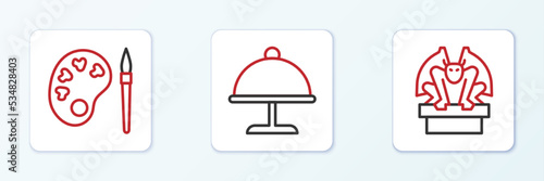 Set line Gargoyle on pedestal, Paint brush with palette and Covered tray icon. Vector