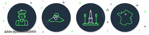 Set line Elegant women hat, Place De La Concorde, French man and Map of France icon. Vector