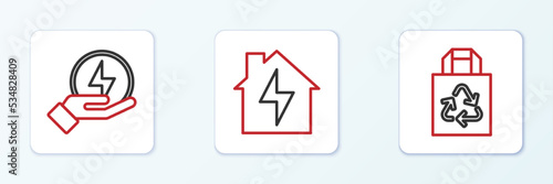Set line Paper bag with recycle, Lightning bolt and House and lightning icon. Vector