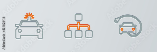 Set line Electric car, Police and flasher and Hierarchy organogram chart icon. Vector