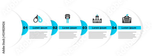 Set line Prado museum, Montjuic castle, Peineta and Castanets icon. Vector