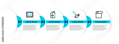 Set line Roll of paper, Paint roller brush, Printer ink bottle and Picture landscape icon. Vector
