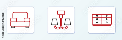 Set line Chest of drawers, Armchair and Chandelier icon. Vector