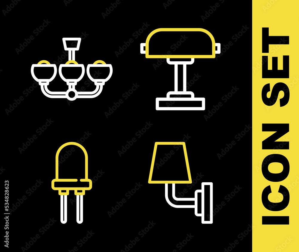 Set line Table lamp, Wall or sconce, Light emitting diode and Chandelier icon. Vector Set line Table lamp, Wall or sconce, Light emitting diode and Chandelier icon. Vector