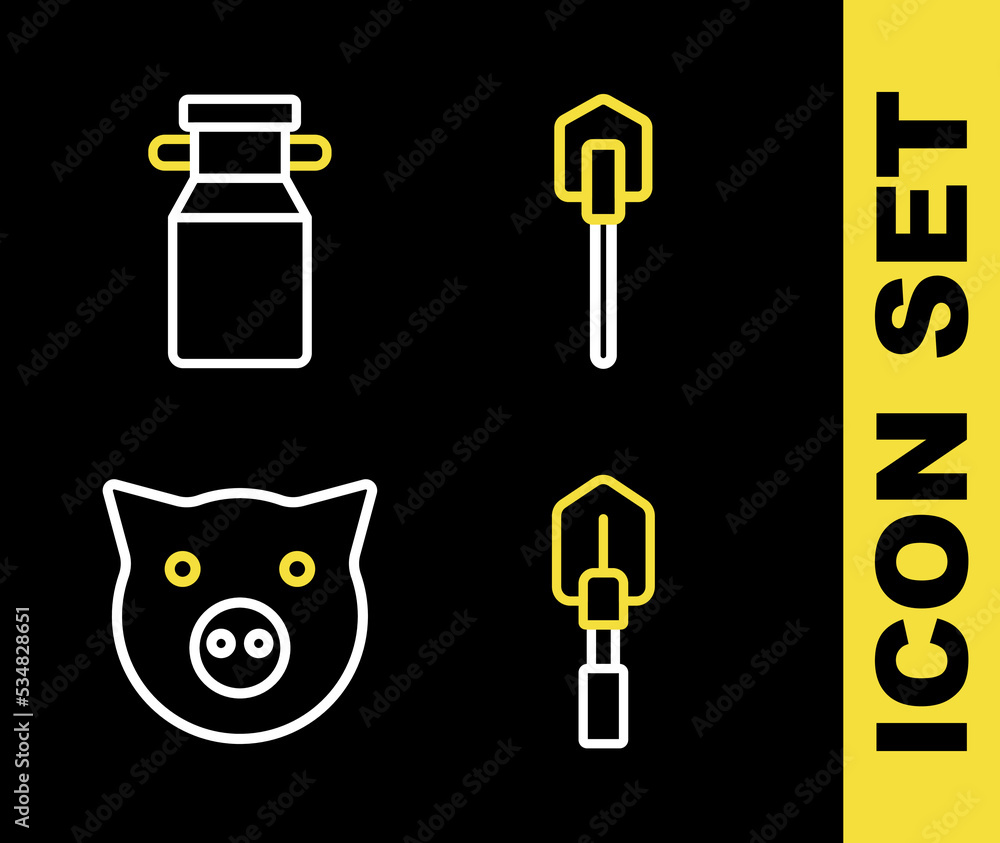 Set line Shovel, Pig and Can container for milk icon. Vector Set line Shovel, Pig and Can container for milk icon. Vector