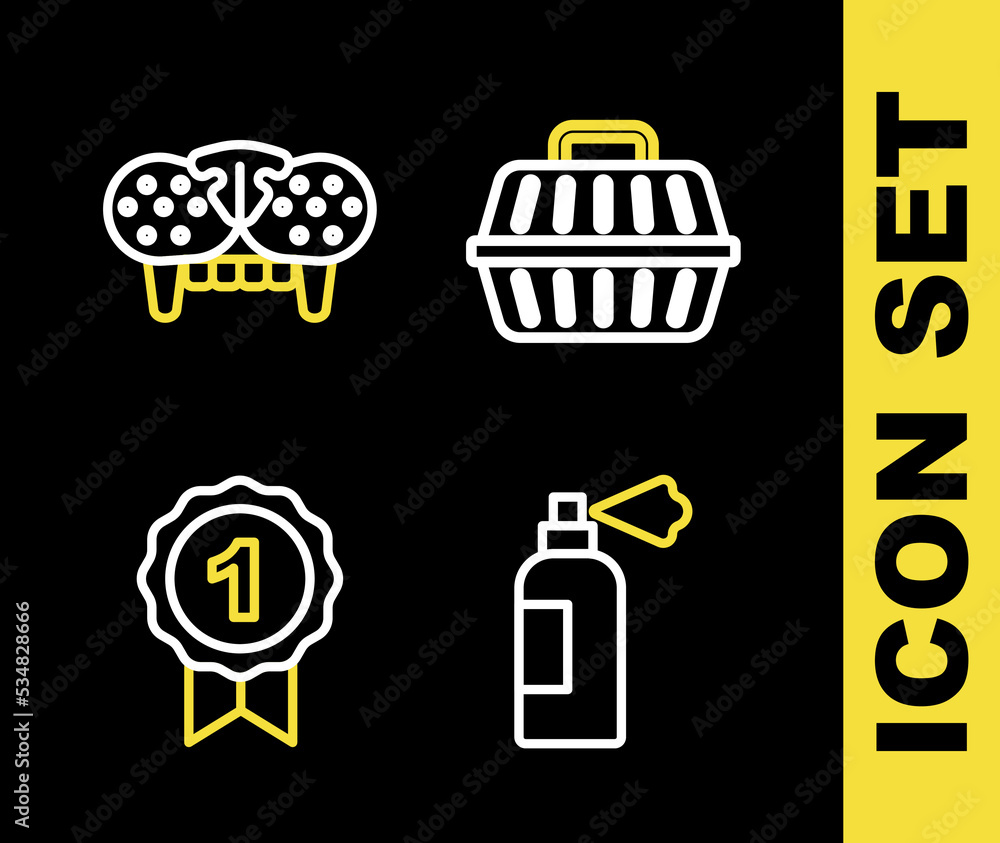 Set line Pet carry case, shampoo, Dog award symbol and Cat tooth icon. Vector Set line Pet carry case, shampoo, Dog award symbol and Cat tooth icon. Vector