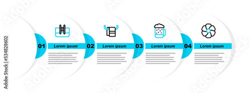Set line Flower, Wooden beer mug, Towel on a hanger and Swimming pool with ladder icon. Vector