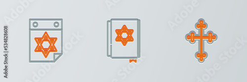 Set line Christian cross, Jewish calendar and torah book icon. Vector
