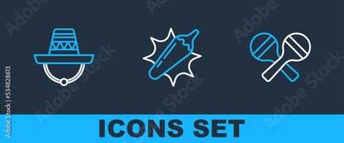 Set line Maracas, Mexican sombrero and Hot chili pepper pod icon. Vector
