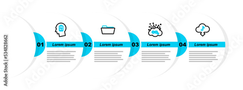 Set line Cloud download music, CO2 emissions in cloud, Folder and Head with low battery icon. Vector