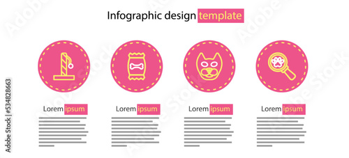 Set line Cat, Veterinary clinic, Bag of food for pet and scratching post icon. Vector