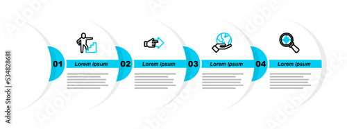 Set line Target with magnifying glass, Hand holding Earth globe, pointing finger and Stair finish flag icon. Vector