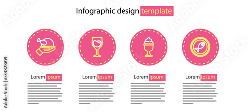 Set line Ice cream in bowl, Served fish on plate, Wine glass and Roasted turkey or chicken icon. Vector