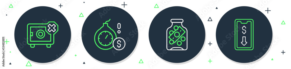 Set line Money bomb dollar crisis, Glass money jar with coin, Safe and Mobile stock trading icon. Vector Set line Money bomb dollar crisis, Glass money jar with coin, Safe and Mobile stock trading icon. Vector