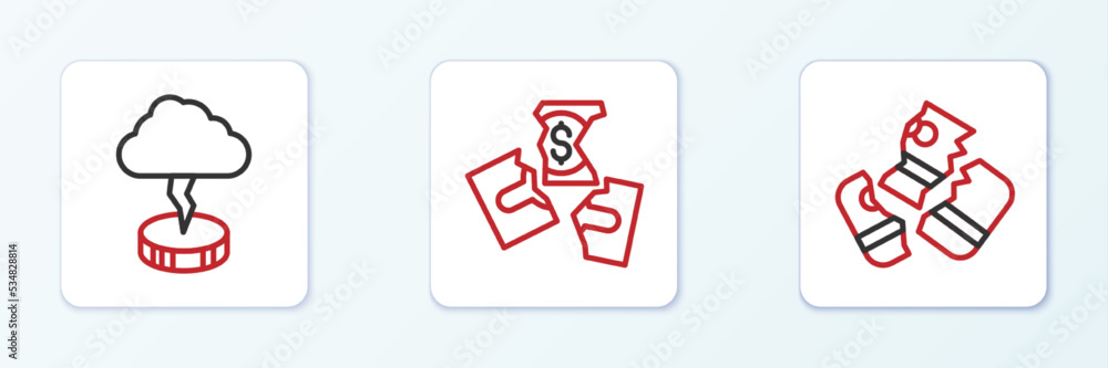 Set line Credit card, Storm and Tearing money banknote icon. Vector Set line Credit card, Storm and Tearing money banknote icon. Vector