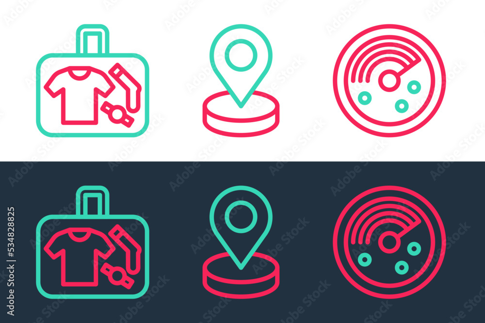 Set line Radar with targets on monitor, Suitcase and Location icon. Vector Set line Radar with targets on monitor, Suitcase and Location icon. Vector
