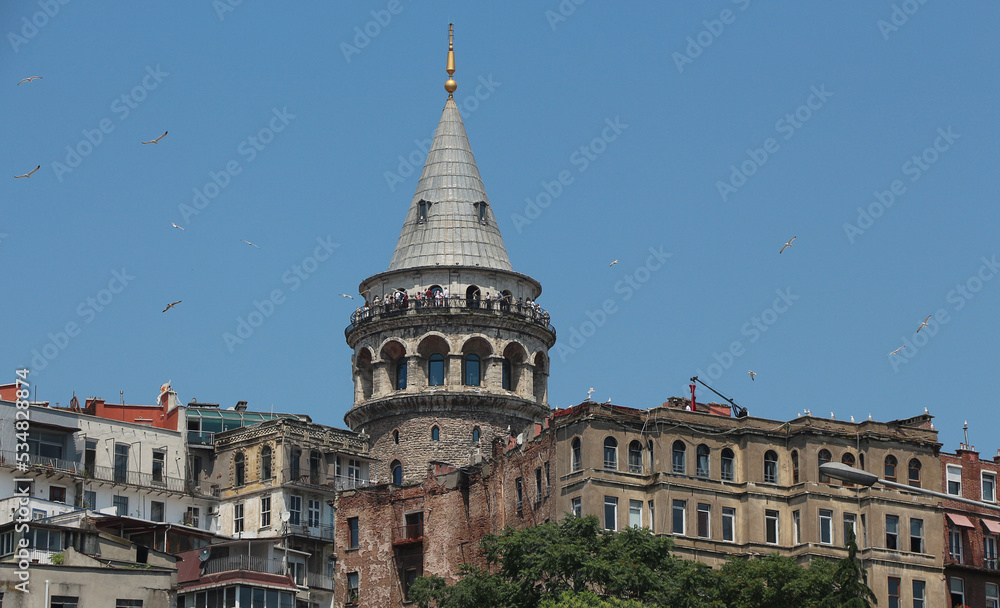 Galata Tower İn İstanbul Turkey with seagulls on the around