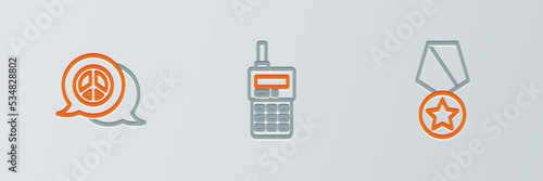 Set line Military reward medal, Peace and Walkie talkie icon. Vector