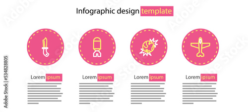 Set line Bomb explosive planet earth, Plane, Rocket launcher and Military knife icon. Vector