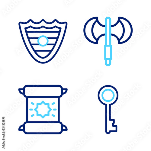 Set line Old key, Decree, parchment, scroll, Medieval poleaxe and Shield icon. Vector