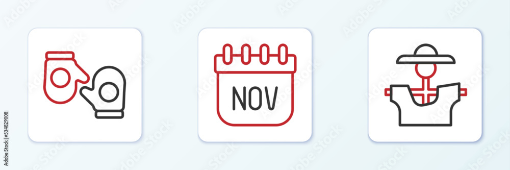 Set line Scarecrow, Christmas mitten and November calendar autumn icon. Vector Set line Scarecrow, Christmas mitten and November calendar autumn icon. Vector