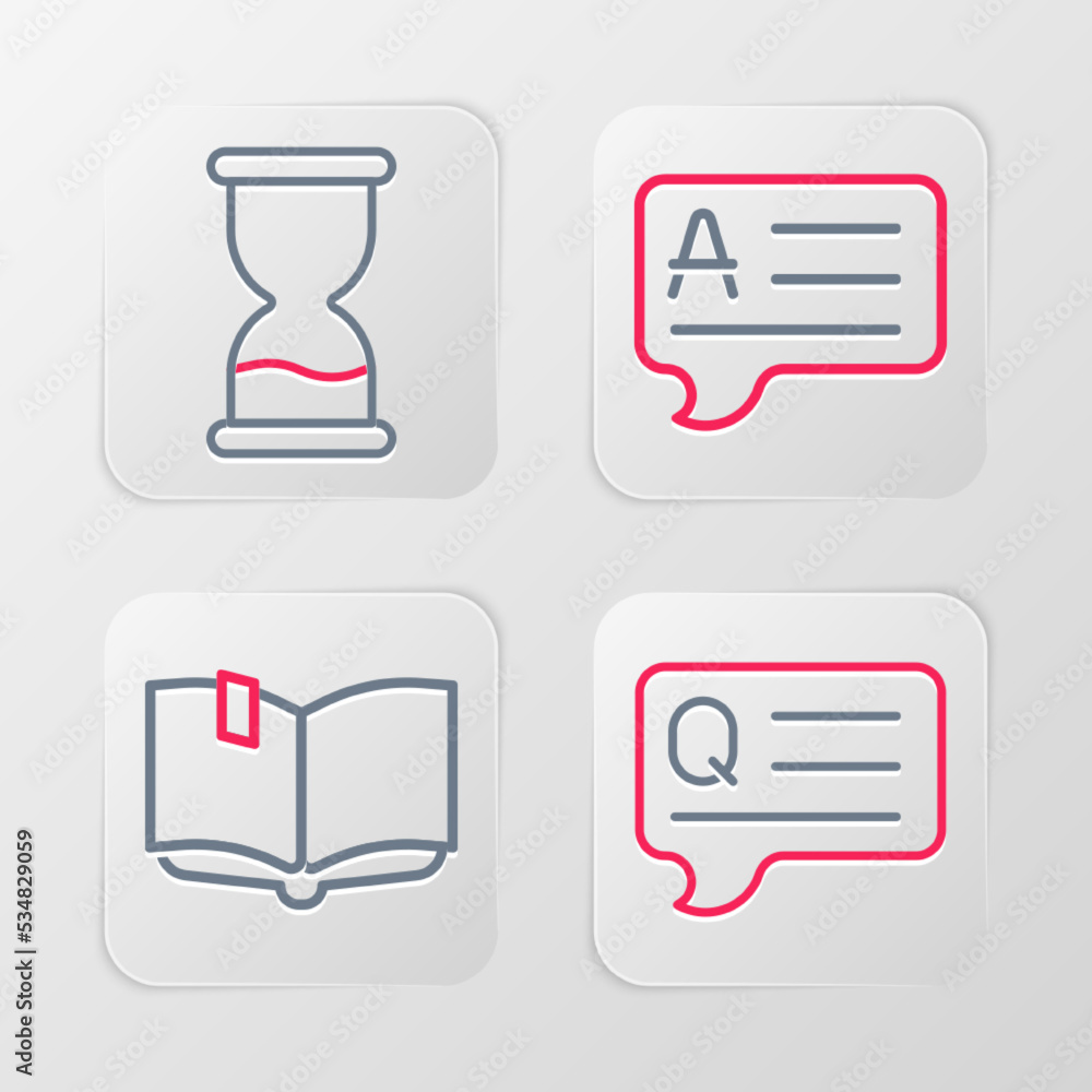 Set line Speech bubbles with Question, Open book, Answer and Old hourglass icon. Vector Set line Speech bubbles with Question, Open book, Answer and Old hourglass icon. Vector