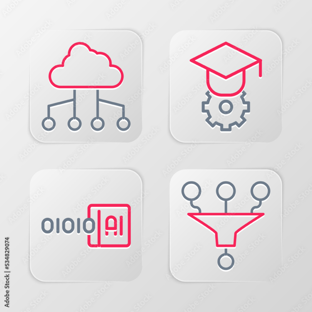 Set line Funnel or filter, Binary code, Graduation cap and Network cloud connection icon. Vector