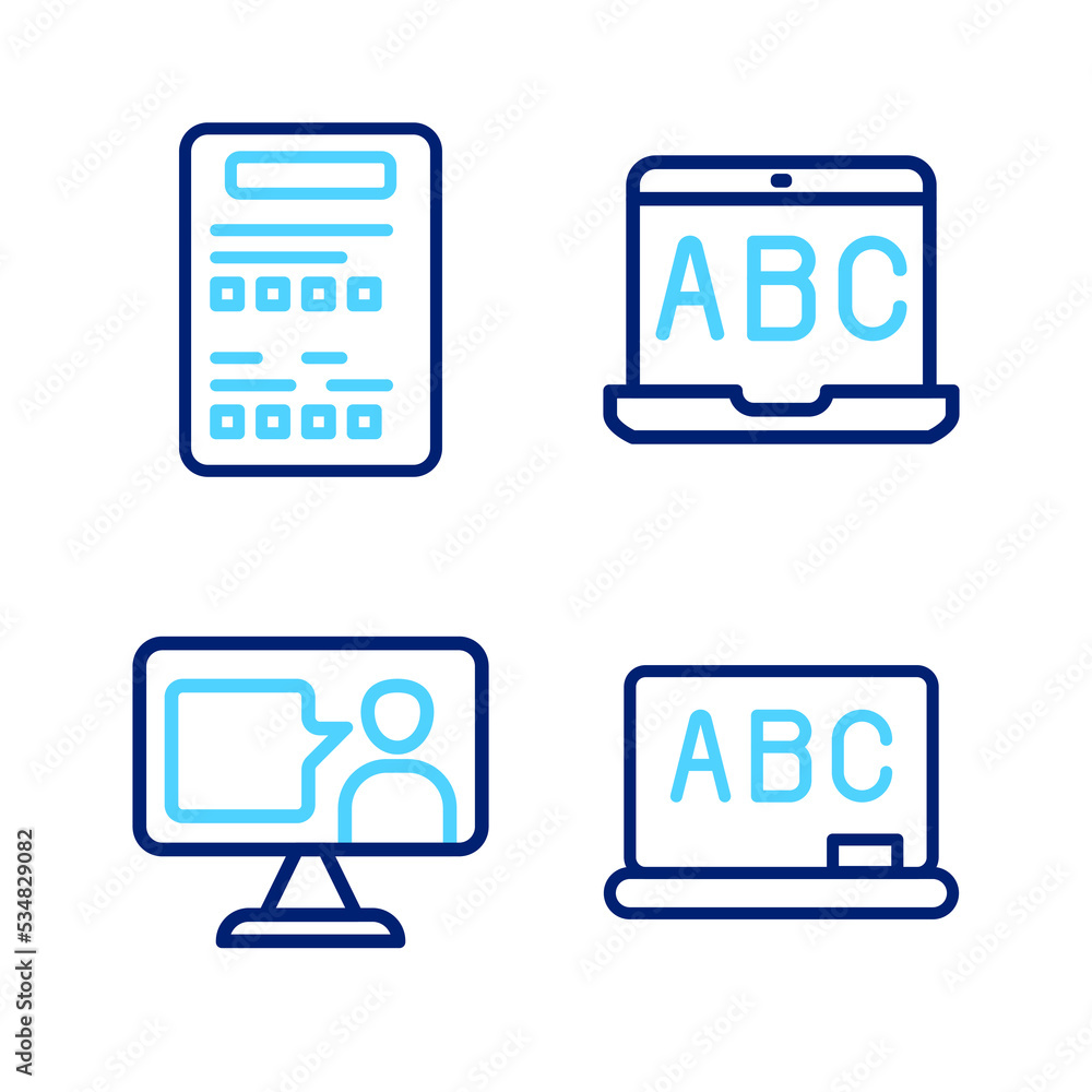 Set line Chalkboard, Foreign language online study, and Exam sheet icon. Vector Set line Chalkboard, Foreign language online study, and Exam sheet icon. Vector