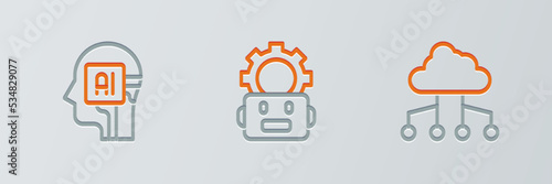 Set line Network cloud connection, Humanoid robot and Robot setting icon. Vector
