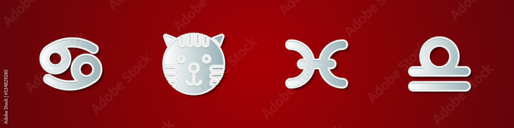 Set Cancer zodiac, Tiger, Pisces and Libra icon. Vector Set Cancer zodiac, Tiger, Pisces and Libra icon. Vector
