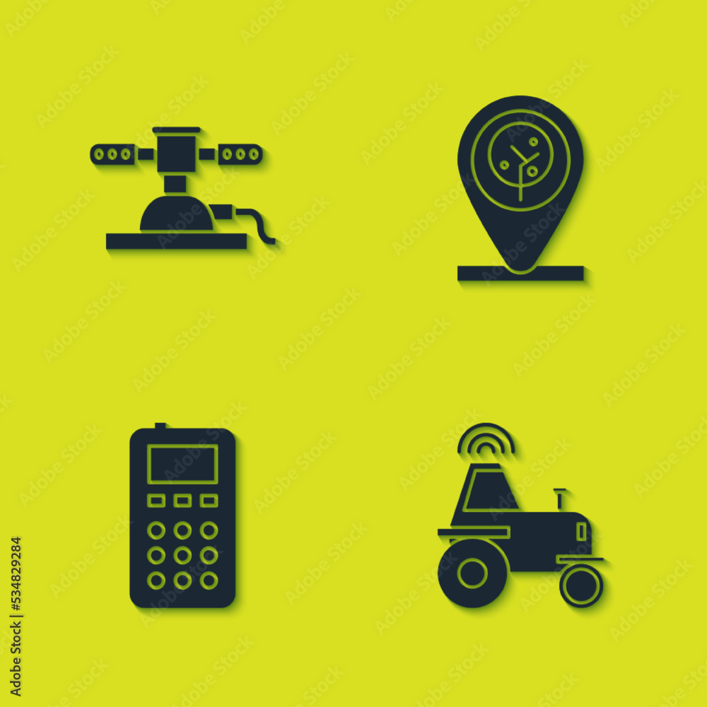 Set Automatic irrigation sprinklers, Wireless tractor smart farm, Remote control and Location and tree icon. Vector Set Automatic irrigation sprinklers, Wireless tractor smart farm, Remote control and Location and tree icon. Vector
