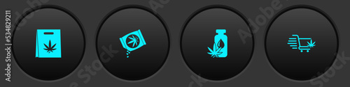 Set Shopping bag of marijuana, Marijuana or cannabis seeds, leaf oil and cart with icon. Vector