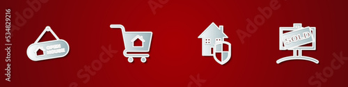 Set Hanging sign with Open house, Shopping cart, House under protection and Sold icon. Vector