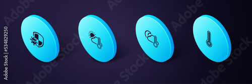 Set Isometric Meteorology thermometer, Thermometer and cloud, moon, sun and UV protection icon. Vector