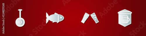 Set Banjo, Fish, Glass of beer and Signboard with glass icon. Vector