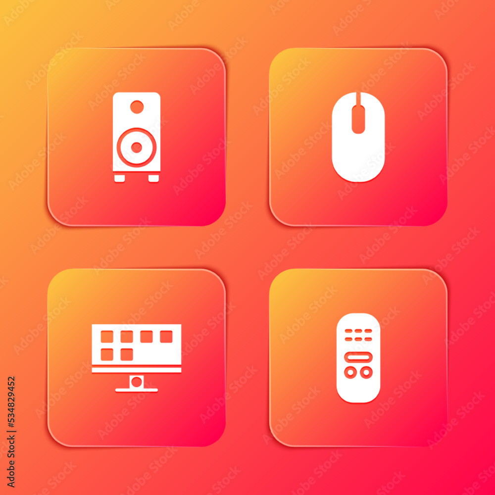 Set Stereo speaker, Computer mouse, Smart Tv and Remote control icon. Vector