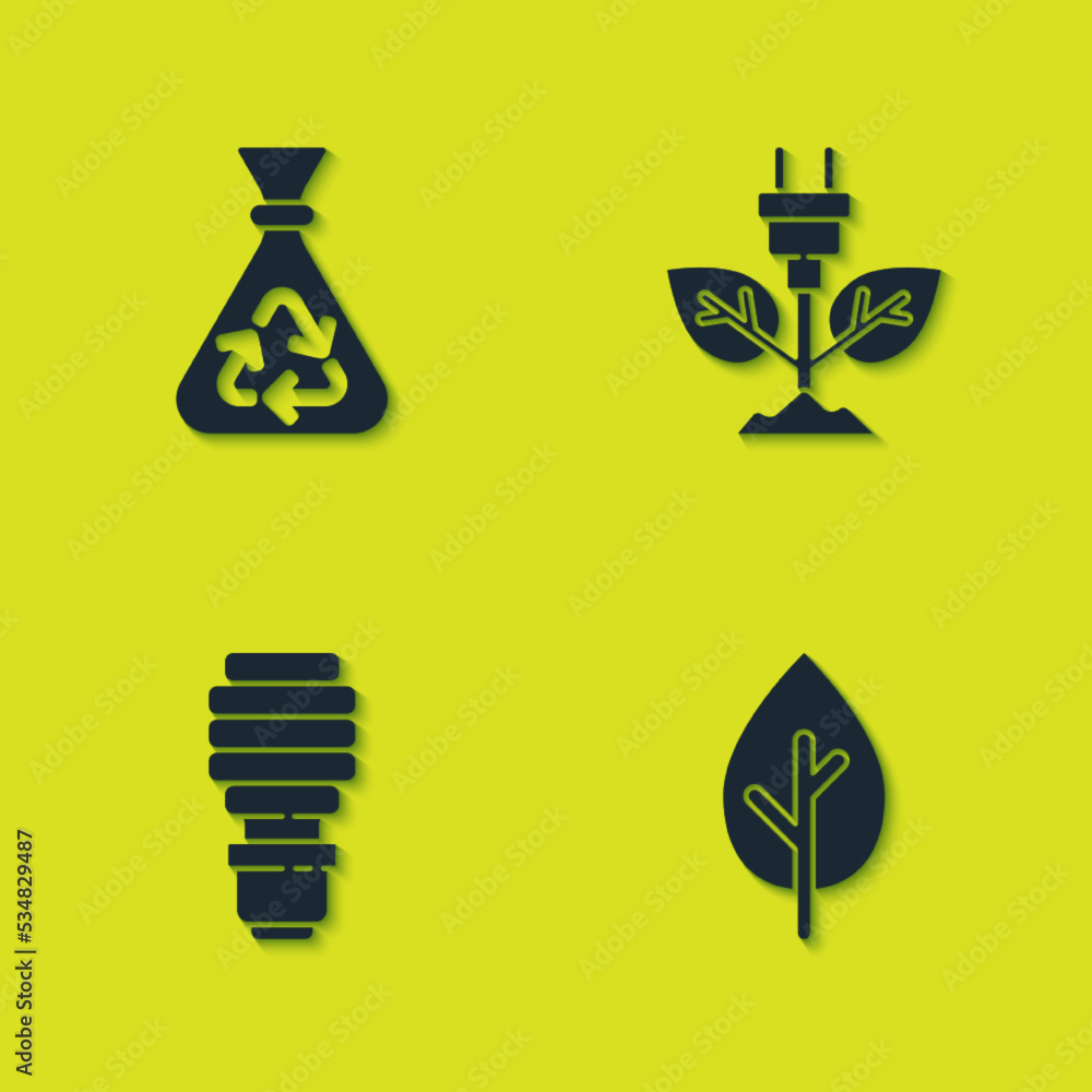 Set Garbage bag with recycle, Tree, LED light bulb and Electric saving plug in leaf icon. Vector Set Garbage bag with recycle, Tree, LED light bulb and Electric saving plug in leaf icon. Vector