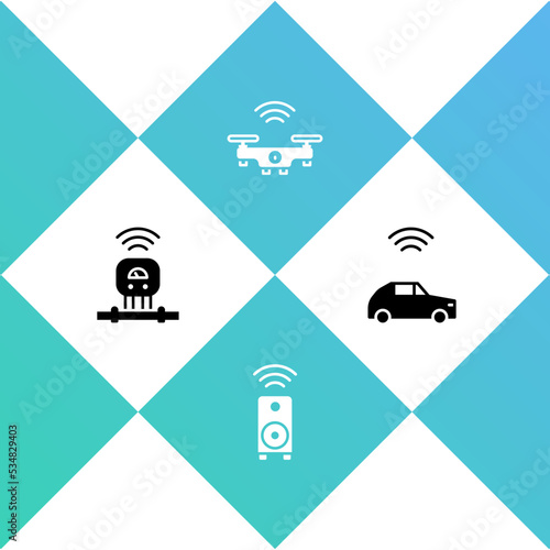 Set Smart sensor, stereo speaker, drone and car system with wireless icon. Vector