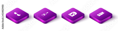 Set Isometric Glasses, Bottle of vodka, Balaclava and Lighter icon. Vector