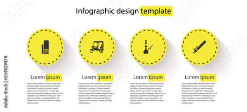 Set Indian textile fabric, Taxi tuk tuk, Hookah and Bamboo flute indian. Business infographic template. Vector