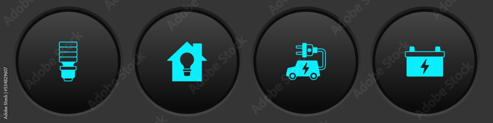 Set LED light bulb, Smart house and, Electric car and Car battery icon. Vector Set LED light bulb, Smart house and, Electric car and Car battery icon. Vector